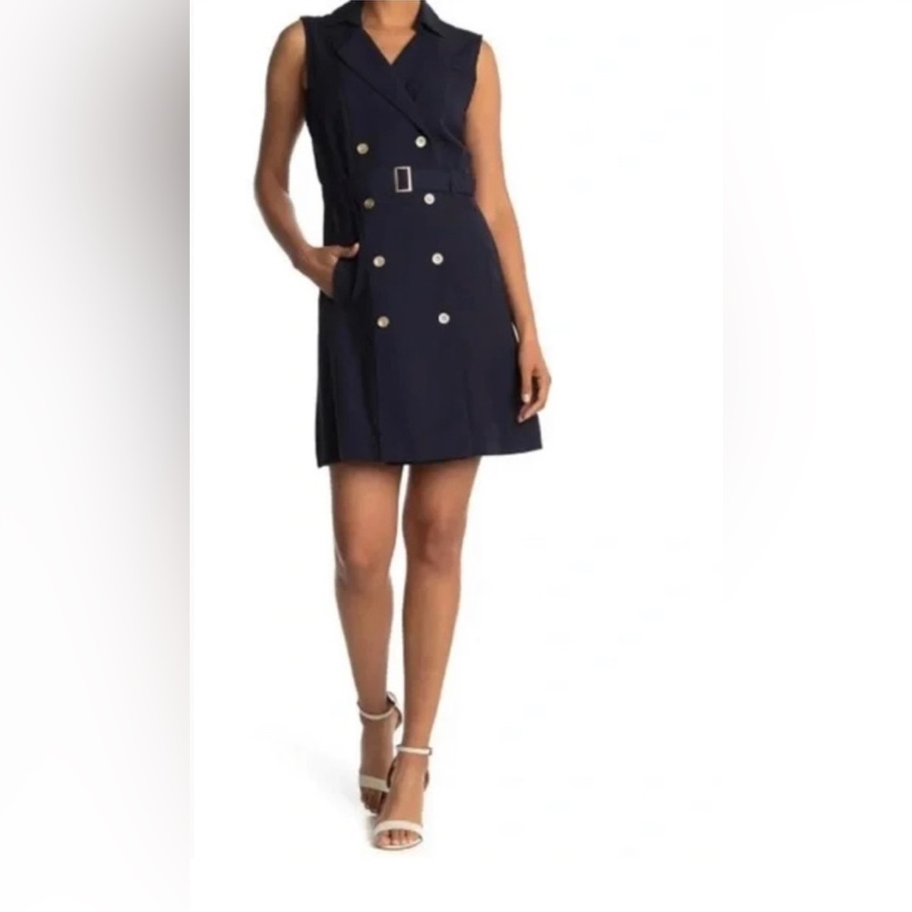 Sharagano Navy Blue Sleeveless Double Breasted Belted Dress size 14 Petite